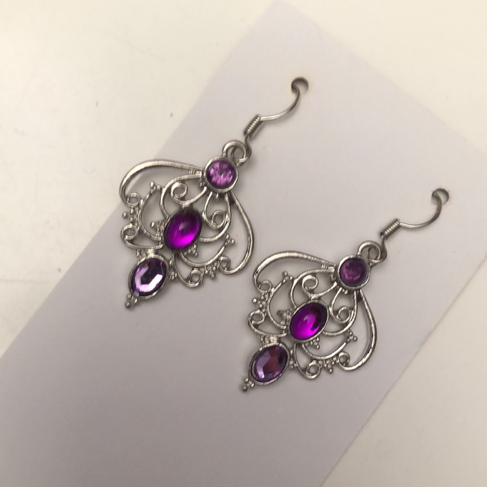 Earrings Purple Rhinestone East Indian Style Boho - Picture 5 of 6